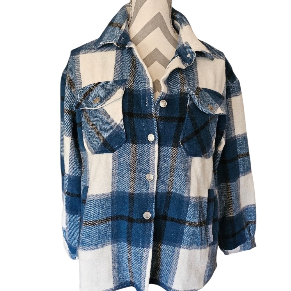 Miss Sparkling Women Blue White Plaid Flannel Shacket Button Down Shirt Jacket S